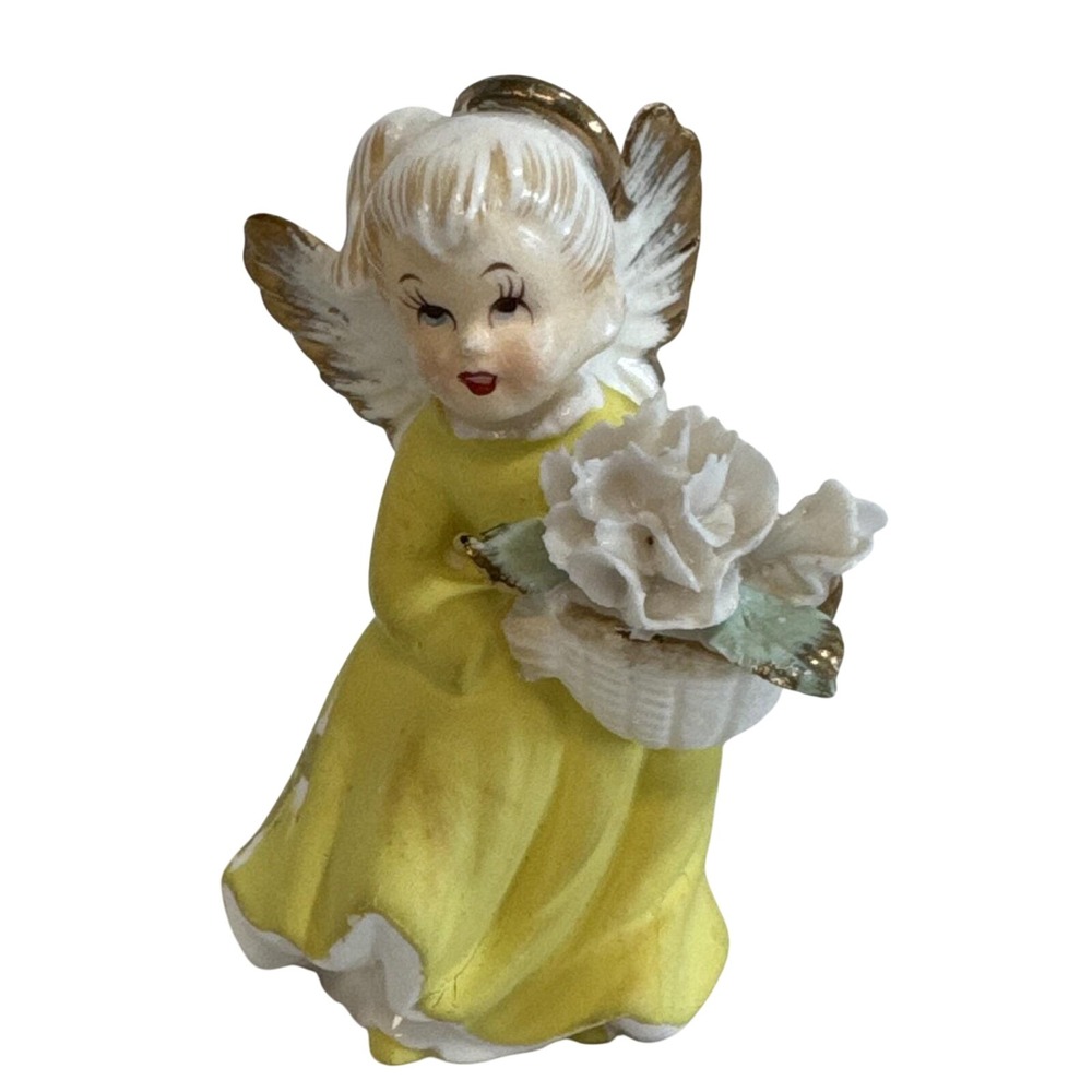 Vintage Lefton Angel Yellow Dress 1453B Gold Tip Wings And Halo HTF